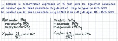 1. Calcular la concentración expresada en % m/m para las siguientes ...