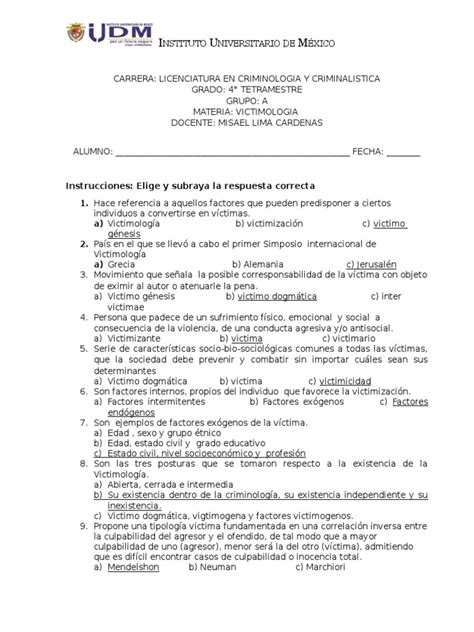 1° Examen Parcial VICTIMOLOGIA PREGUNTAS Escolarizado RESPUESTAS | PDF ...