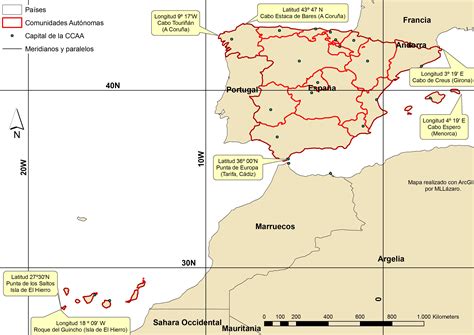 1. Las coordenadas geográficas: latitud y longitud de España.