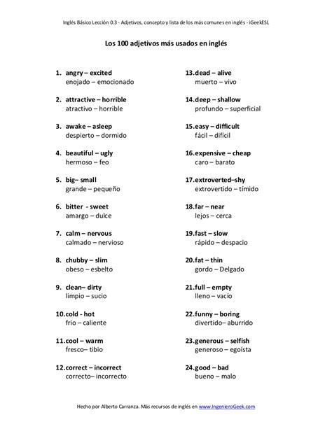 100 adjetivos basicos en Ingles