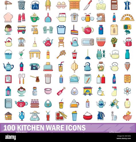 100 utensilios de cocina, los iconos de estilo de dibujos animados ...