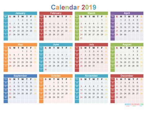12 Month 2019 Calendar Printable on 1 Page [US Edition ...
