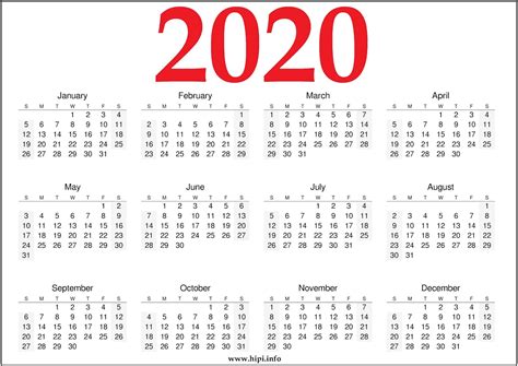 12 Month Printable Free 2020 Calendar  Red and Black ...