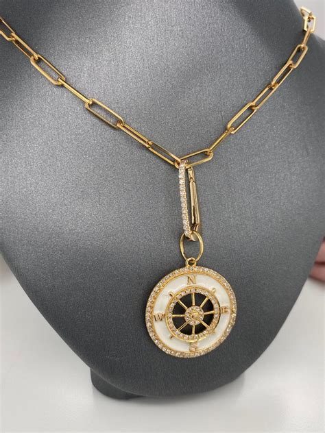 14 K Solid Italian Gold, Real Diamonds and White Enamel Circle Nautical ...