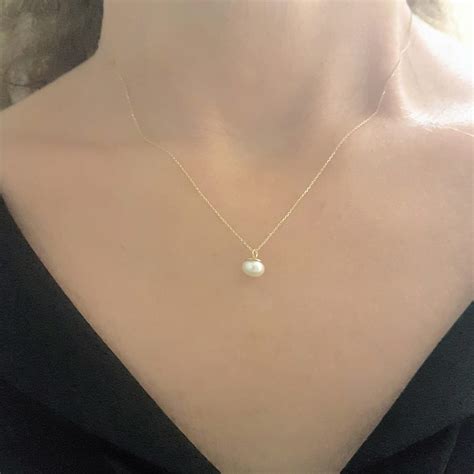 14K Real Solid Yellow Gold Pearl Pendant Necklace for Women | 6mm Pearl