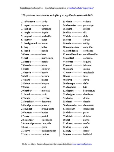 200 palabras importantes en inglés y su significado en español con ...