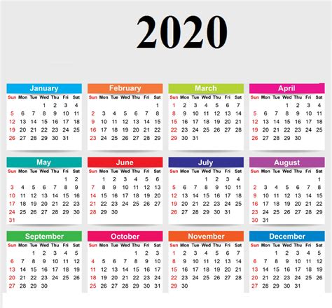 2020 12 Month Single File Calendar Printable Free ...