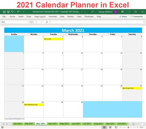2021 Excel Calendar Planner Template Monthly Yearly Printable Download ...