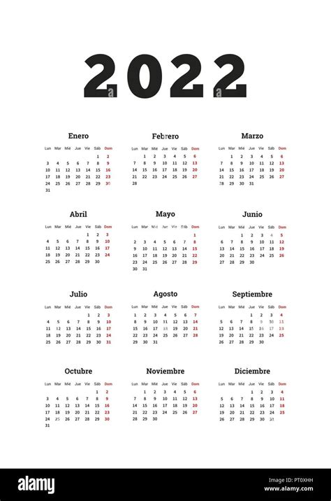 2022 año calendario simple en español, hoja vertical de tamaño A4 en ...