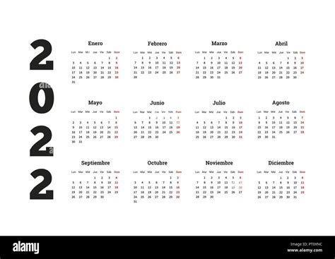 2022 año calendario simple en español, sobre blanco Imagen Vector de ...