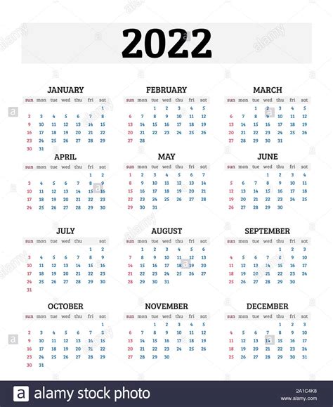 2022 calendario anual. Ilustración vectorial Imagen Vector de stock   Alamy