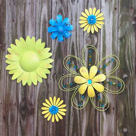 5 Lime, Blue, Yellow Metal Fence & Wall Flowers / Metal ...