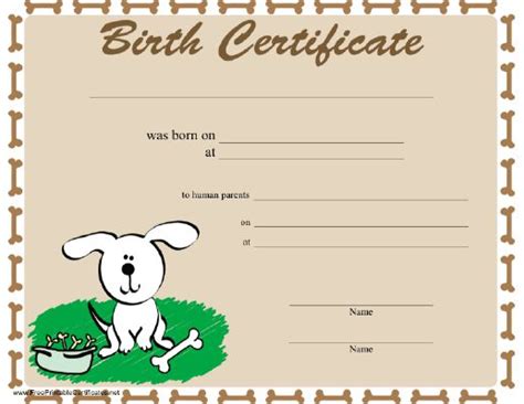 A dog birth certificate bordered in bones and featuring a ...