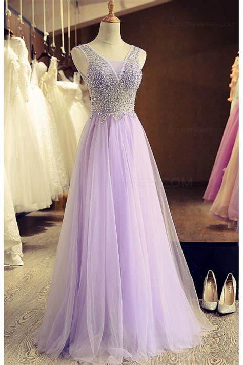 A Line Beaded Lilac Tulle Prom Dresses Party Evening Gowns 3020407