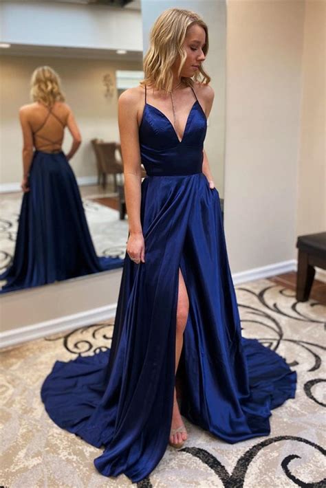 A Line V Neck Backless Navy Blue Long Prom Dresses with High Slit, Bac ...