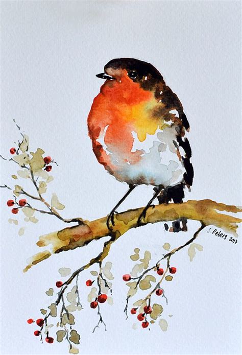 Acuarela ORIGINAL Robin pájaro con bayas Ilustración arte | Pájaro de ...