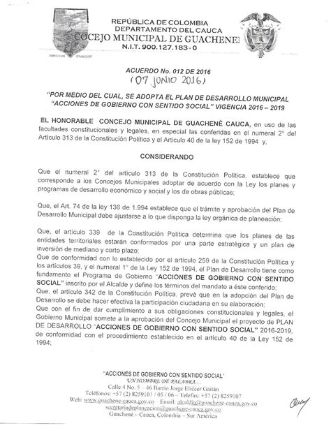 Acuerdo No. 012 del 2016   Municipio de Guachené   Cauca