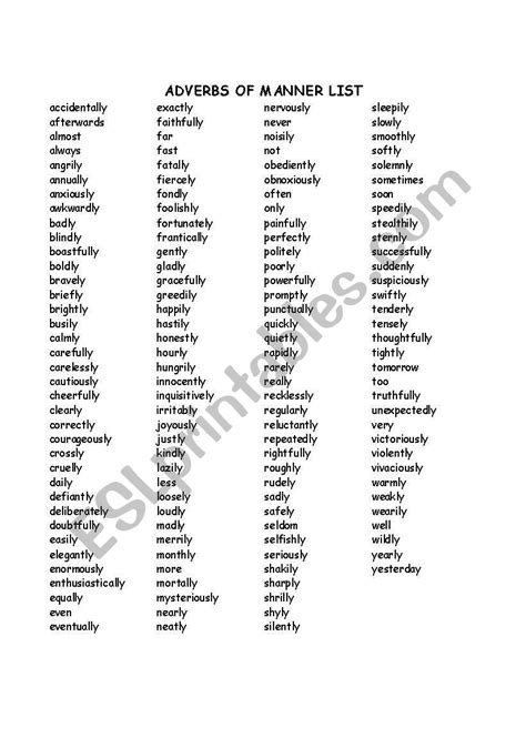 Adverbs of Manner List   ESL worksheet by chemicalsister10