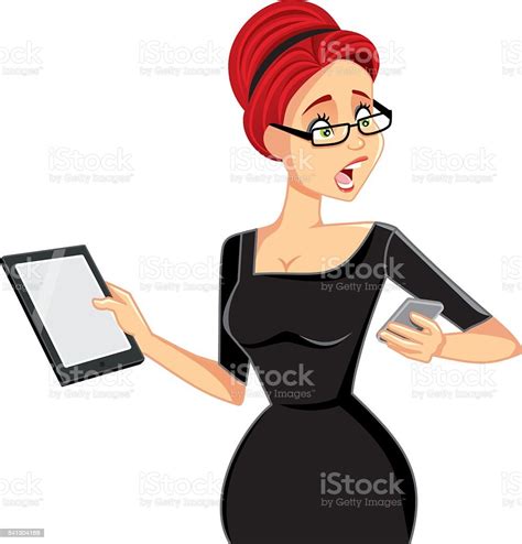 Agitado Mujer De Negocios Con Teléfono Inteligente Y Tableta Vector De ...