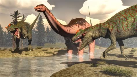 Allosaurus Que Caza El Dinosaurio Grande Del Brontosaurus 3D Stock de ...