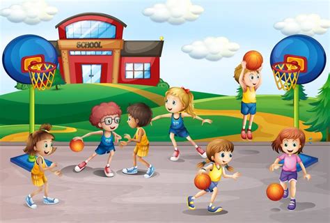 Alumnos jugando al baloncesto en educación física. 373695 Vector en ...