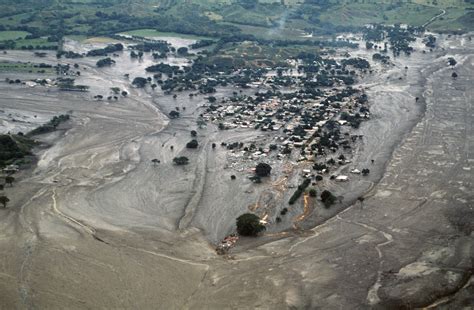 An aerial view of the town of Armero covered with mud ...
