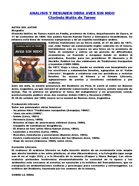 Análisis y Resumen Obra Aves Sin Nido | PDF | Realismo literario | Science