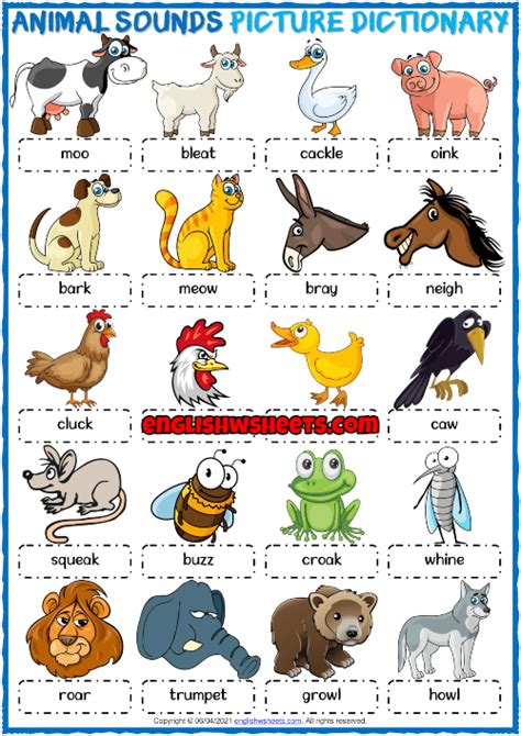 Animal Sounds ESL Printable Picture Dictionary For Kids