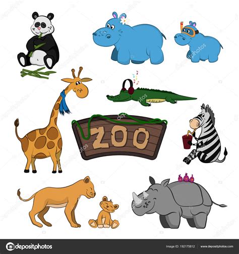 Animales del zoológico. Conjunto de imágenes lindos estilo de dibujos ...