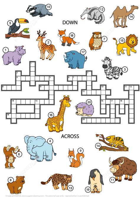 Animals Crossword Puzzle for Studying English Vocabulary | Free ...
