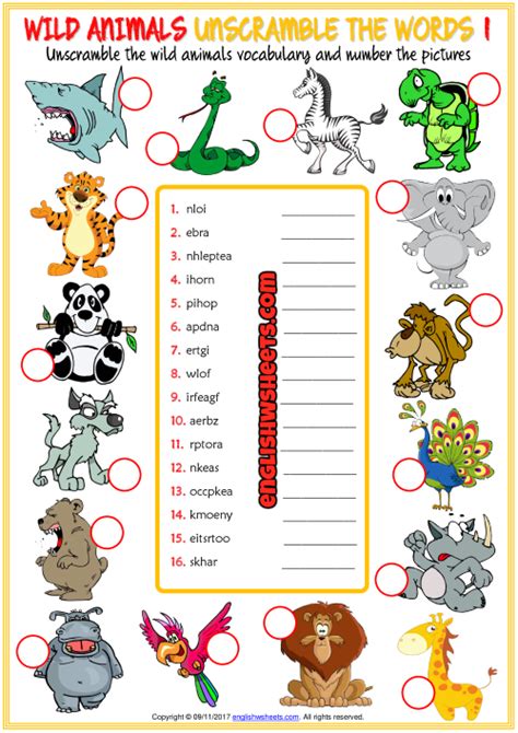 Animals ESL Printable Unscramble the Words Worksheets