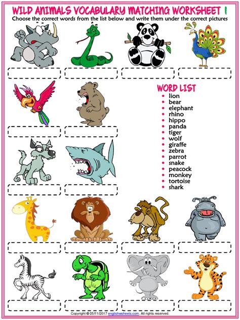 Animals Vocabulary Esl Matching Exercise Worksheets for Kids | Nature
