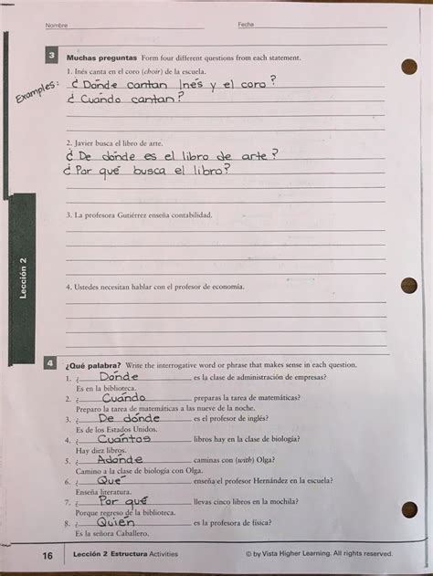 Answer Key Forming Questions in Spanish   Skyline High ...