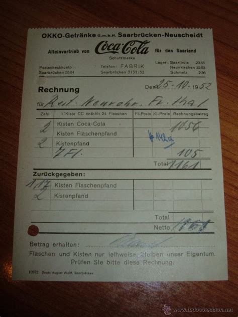 antigua factura de cocacola alemana, 1952   Comprar ...