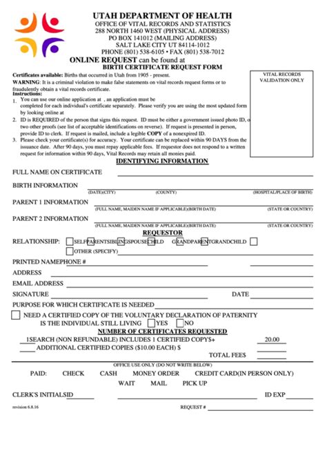 Application To Request A Birth Certificate   Utah Vital ...