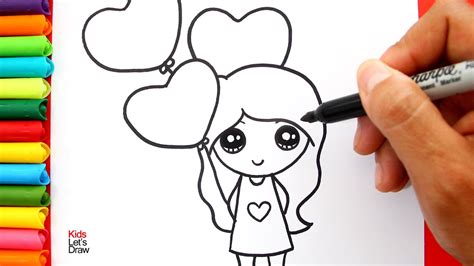 Aprende a dibujar una NIÑA Kawaii con Globos de Corazón ...