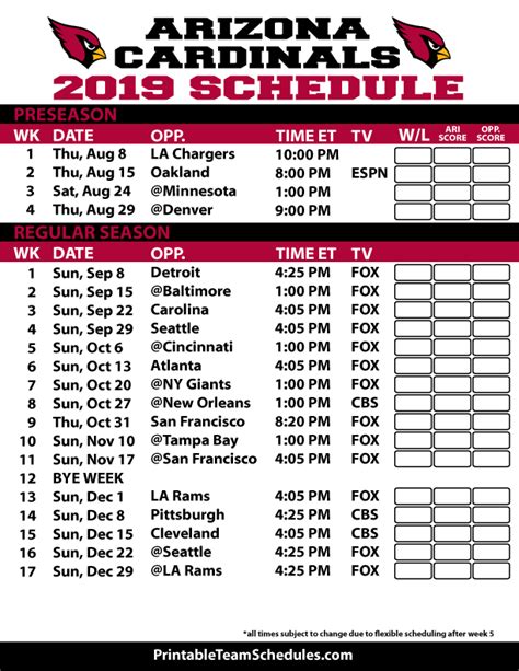 Arizona Cardinals Schedule 2015 16 Football Season