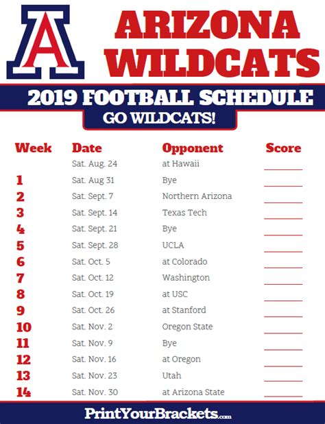 Arizona Wildcats 2019 Football Schedule   Printable