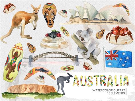 Australia Clipart Watercolor Digital Download Travel Kangaroo | Etsy