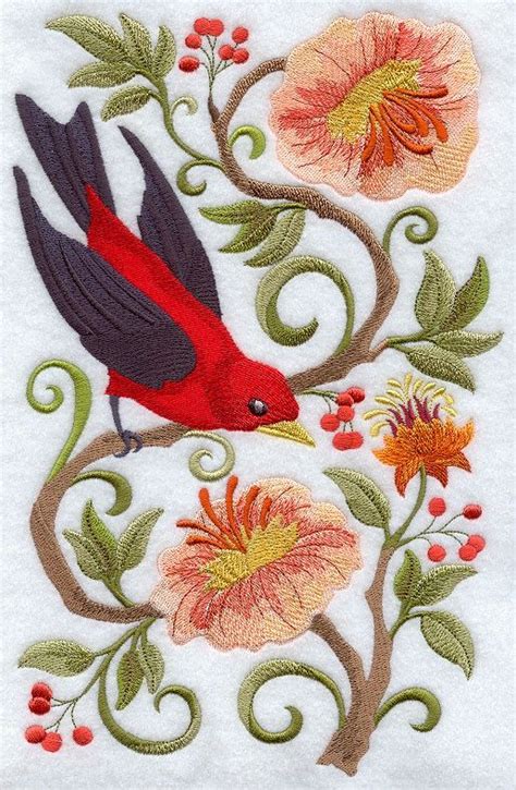ave y flores | Aves | Bordado jacobino, Bordado y Bordado crewel