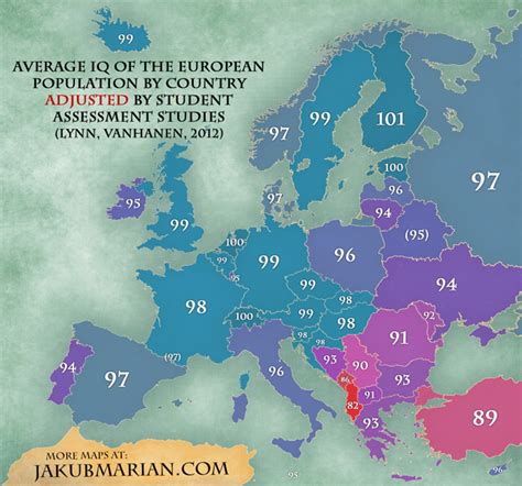 Average IQ in Europe by country map