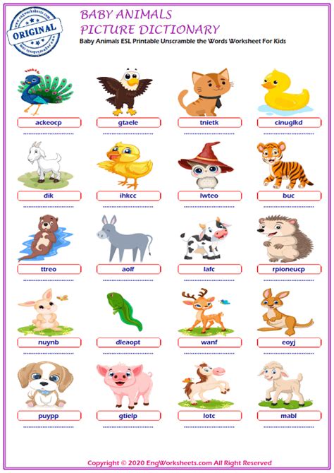 Baby Animals Printable English ESL Vocabulary Worksheets   EngWorksheets