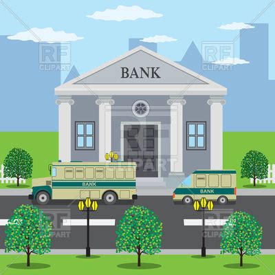 Bank building, road with bank bus Vector Image of ...