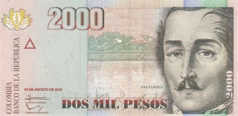 Banknote Colombia 2000 Pesos Gal Santander  Small size    2013