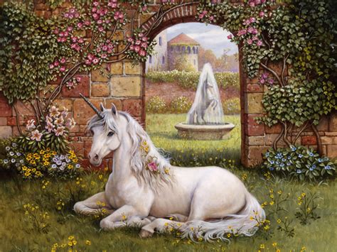 Bello unicornio en jardín   Imagenes y Carteles