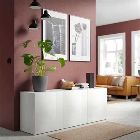 BESTÅ Mueble salón, blanco, Selsviken alto brillo/blanco, 180x42 cm   IKEA