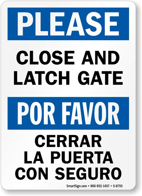 Bilingual Please Close And Latch Gate Sign, SKU: S 8755   MySafetySign.com