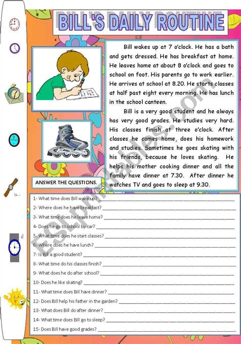 BILL´S DAILY ROUTINE  READING AND COMPREHENSION    ESL worksheet by ...