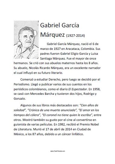 Biografía Corta de Gabriel García Márquez   Para Imprimir Gratis ...