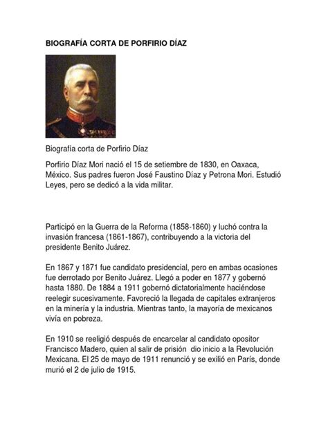Biografía Corta De Porfirio Díaz